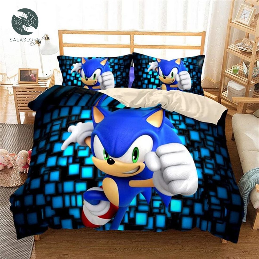 New Blue Sonic 3d Bedding Set Boys Girls Kids Cartoon Printed