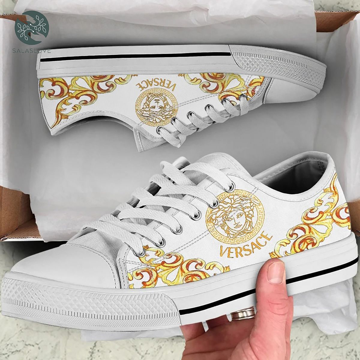 Gianni Versace Gold White Low Top Canvas Shoes Sneakers