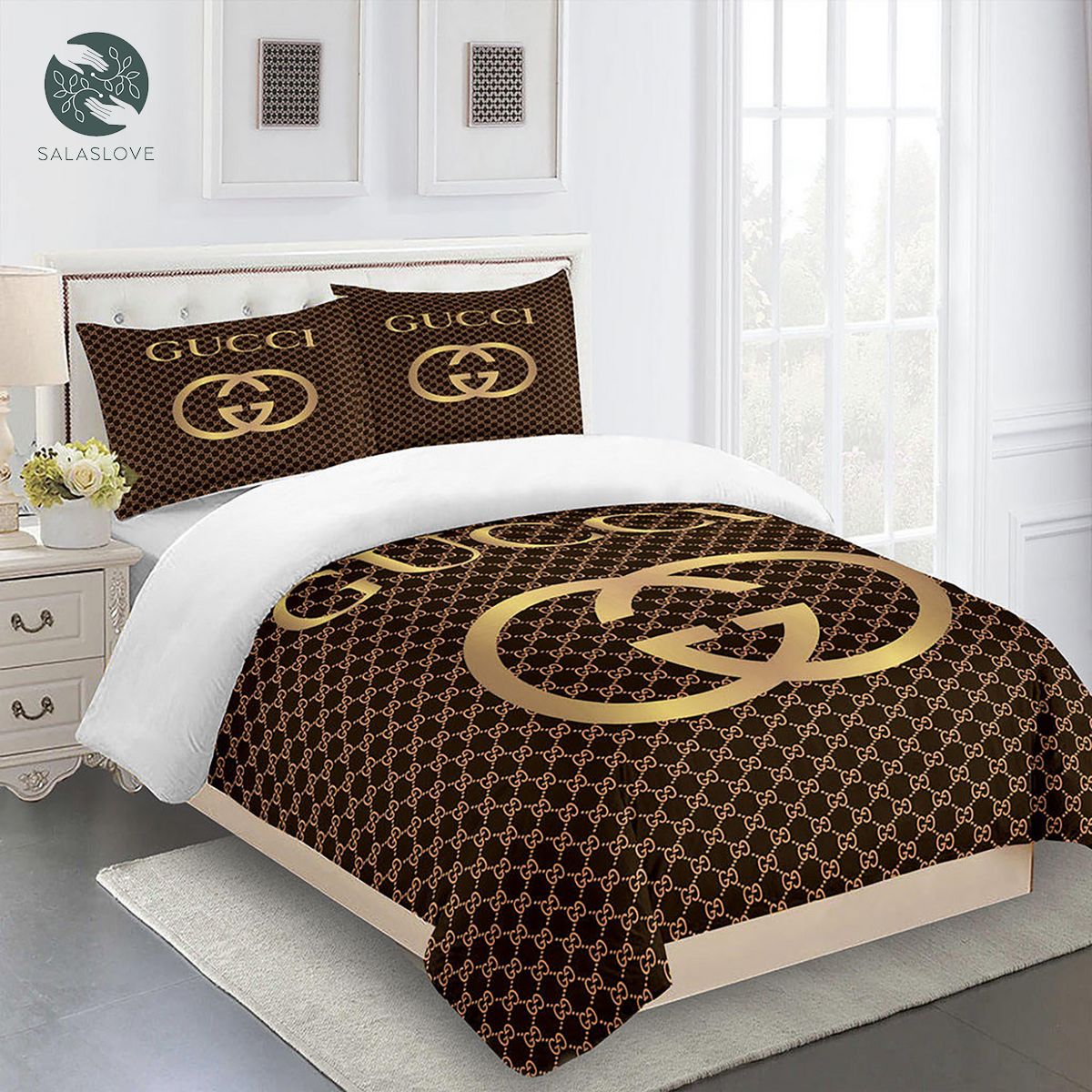 Gucci Bedding Set Dark Brown And Gold Luxury Duvet Cover Bedding Sets