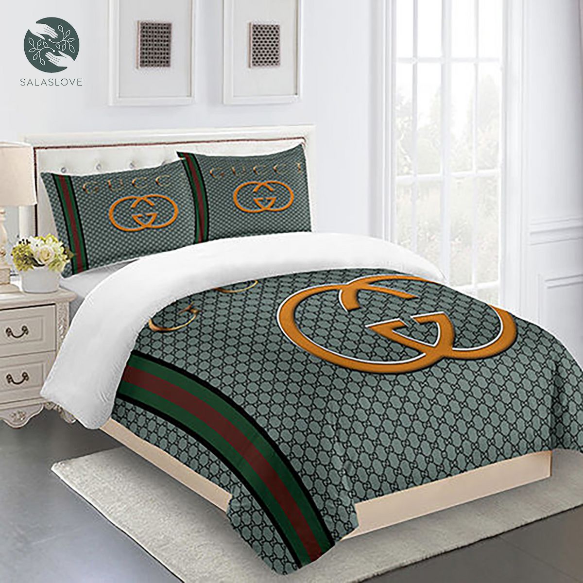 Gucci Bedding Set Gray Gold Green Red Luxury Duvet Cover Bedding Sets