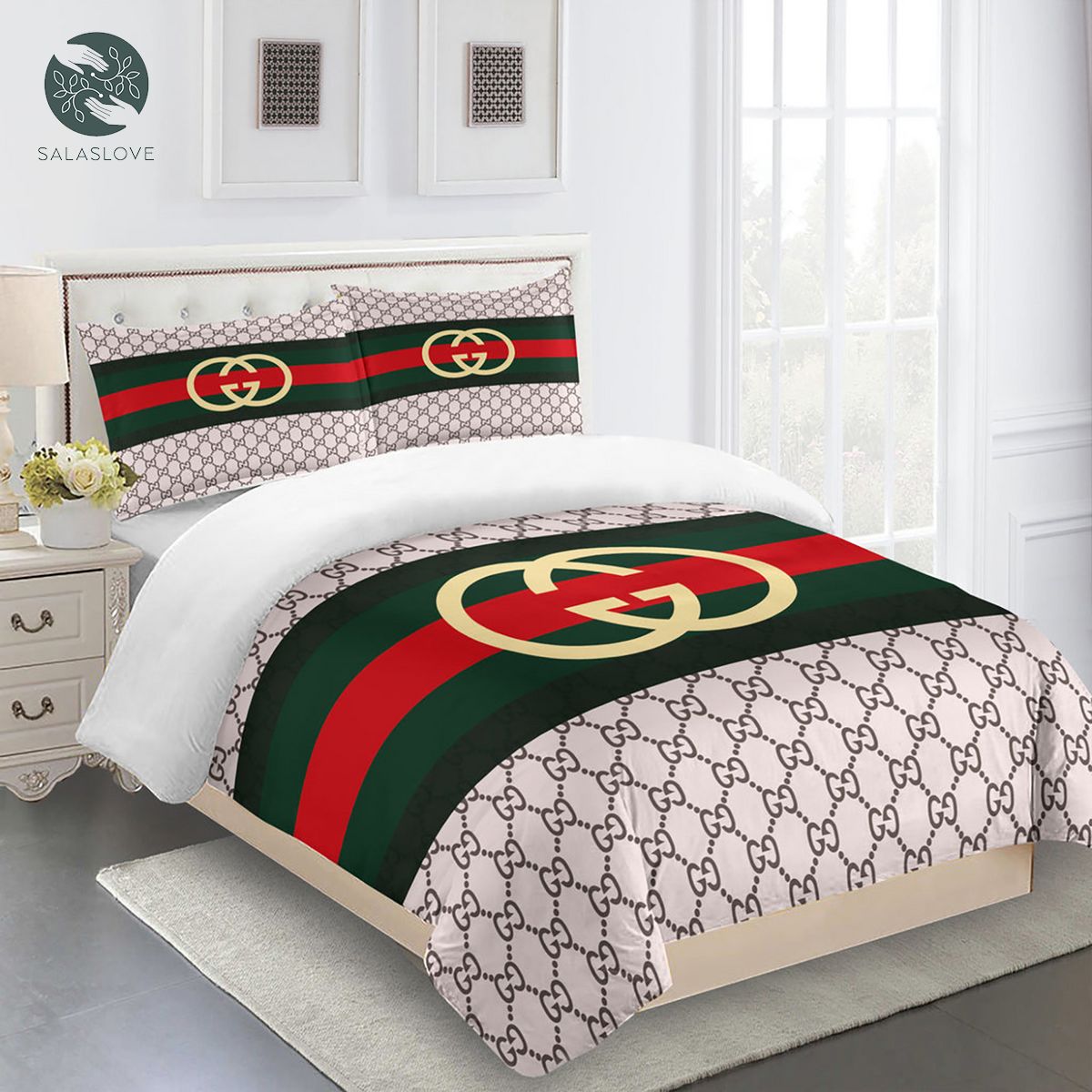 Gucci Bedding Set Italy Beige Red Gold Luxury Duvet Cover Bedding Sets