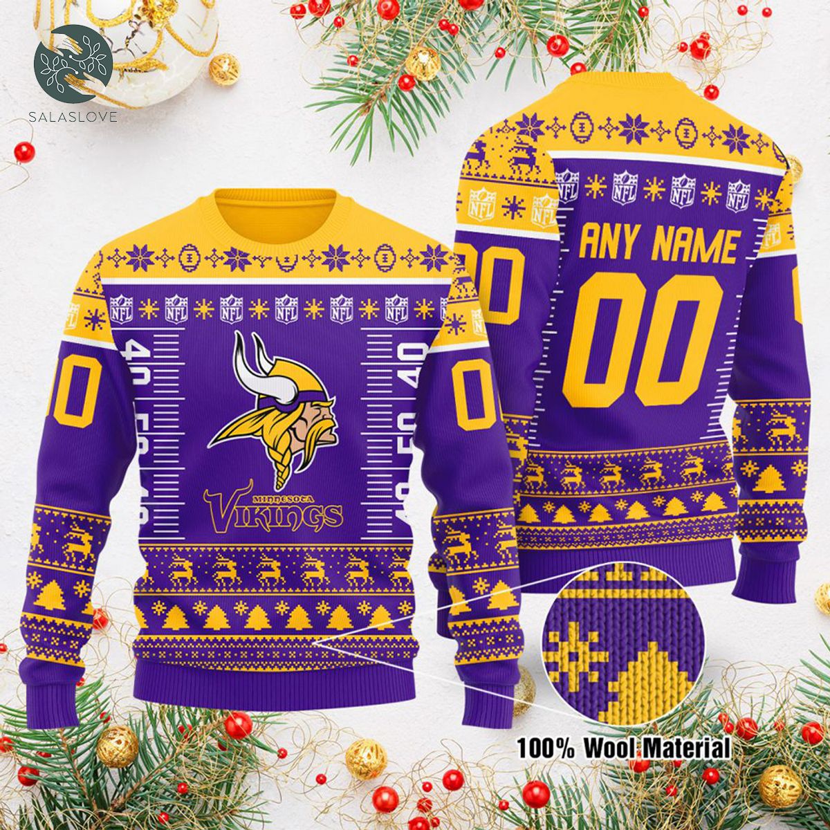 NFL Logo Minnesota Vikings Christmas Custom Name Number 3D Ugly Sweater 