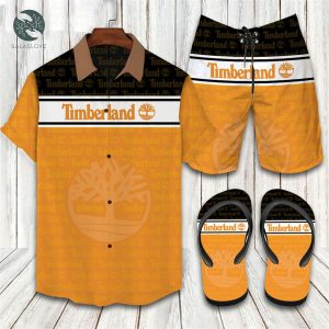 Timberland Logo Print Orange Flip Flops And Combo Hawaiian Shirt Shorts