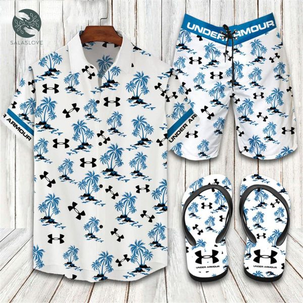 Under Armour White Blue Floral Combo Hawaiian Shirt Shorts And Flip Flops