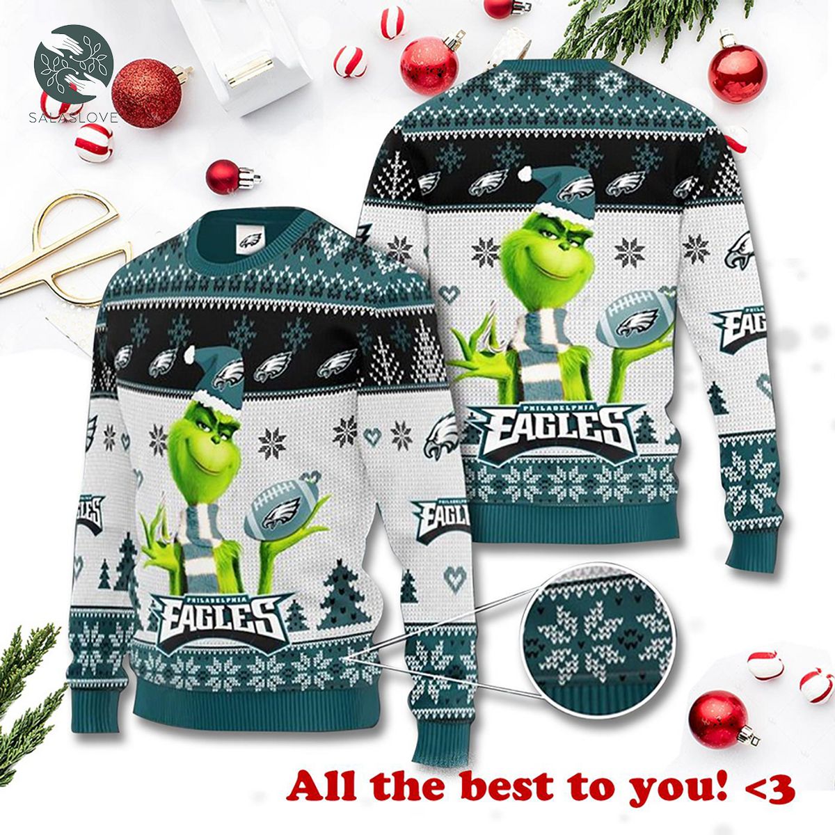 Grinch Philadeiphia Eagles 3D Christmas Sweater
