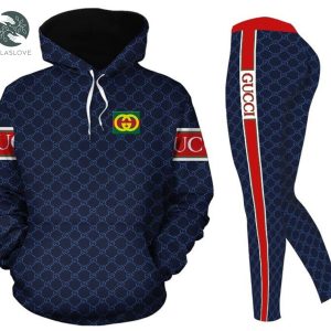 Gucci 3d blue red stripe full print hoodie and leggings set