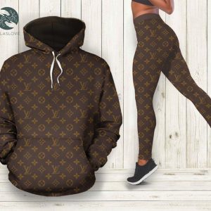 Louis vuitton luxury brand brown 3d hoodie and leggings set