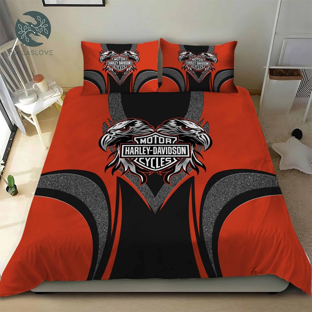 Harley Davidson With 2 Eagles And Motorcycles Logo Bedding Set