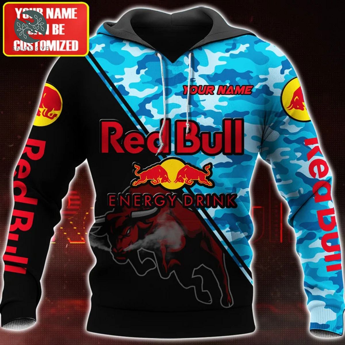 Personalized Red Bull Enegry Drink Camo Over Printed Unisex Hoodie