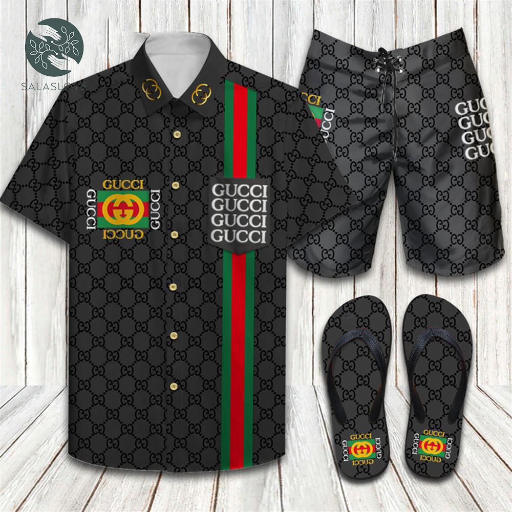 Gucci Black Brand Limited Luxury Combo Hawaii Shirt, Shorts, Flip Flops


