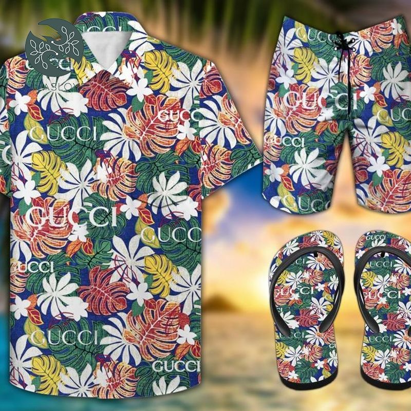 Gucci Tropical Hawaiian Shirt Shorts And Flip Flops
