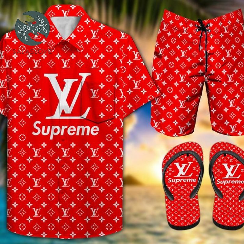 Louis Vuitton Supreme Hawaiian Shirt Shorts And Flip Flops
