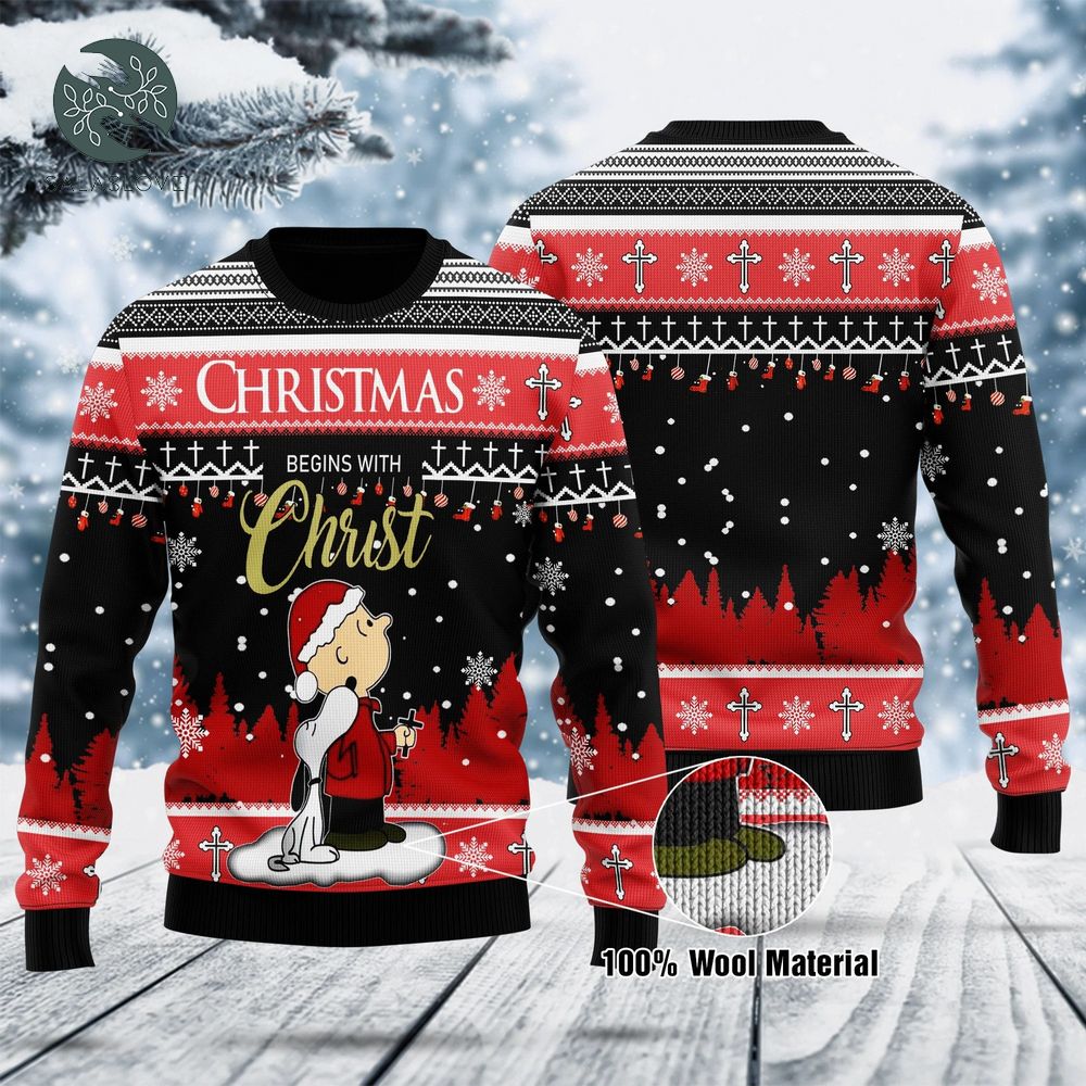 Snoopy And Charlie Brown Christmas Begins With Christ Sweater


