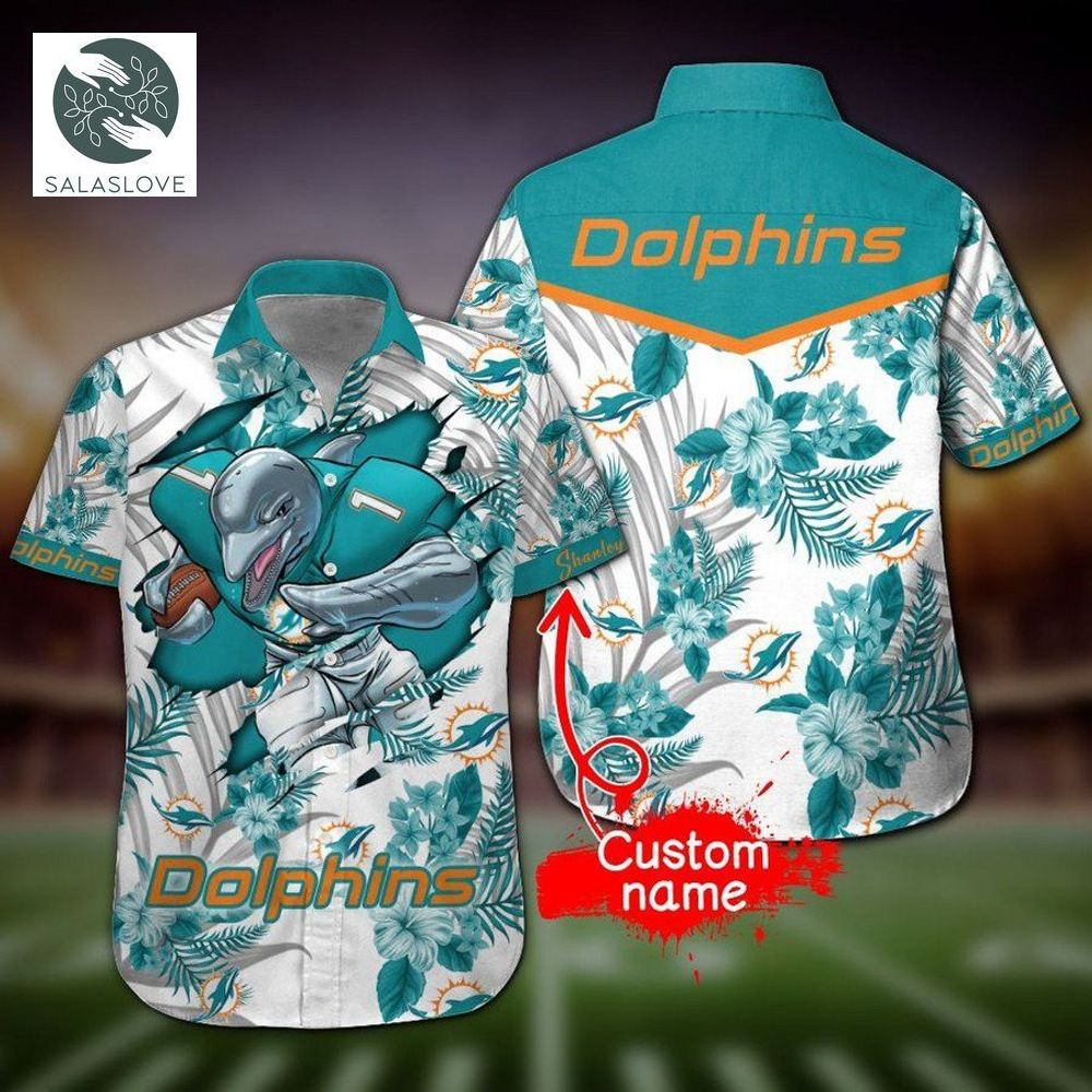  NFL Miami Dolphins Custom Name Mascot White Hawaiian Shirt

